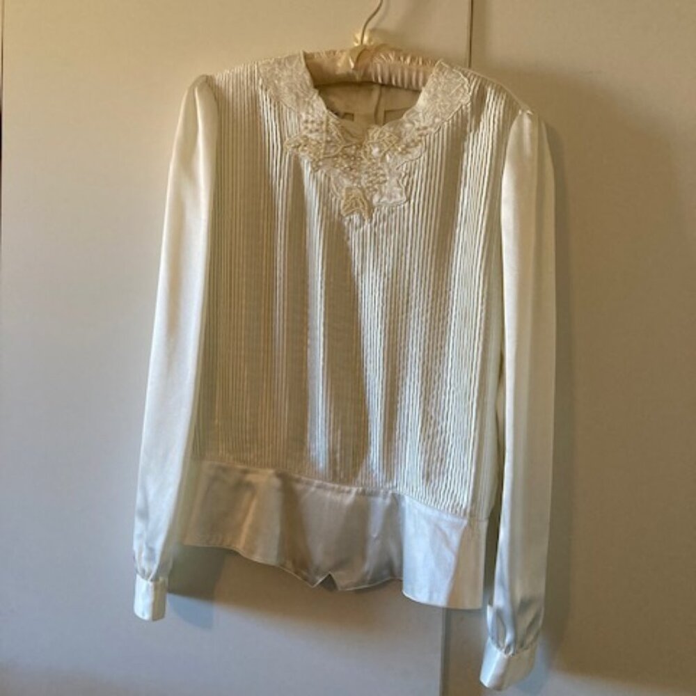 VTG By Nicola SZ 10 Women's Beaded White Satin Long Sleeve Pleated Blouse 1980s